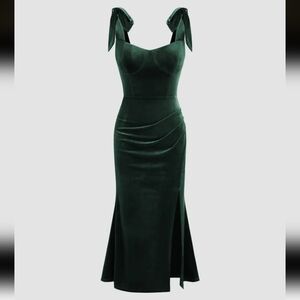 NWT Cider Velvet Sweetheart Neckline Split Ruched Knotted Maxi Dress | XS Green